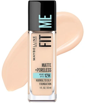 Maybelline Fit Me Matte Poreless Liquid Foundation bottle with beige makeup swatch in the background.